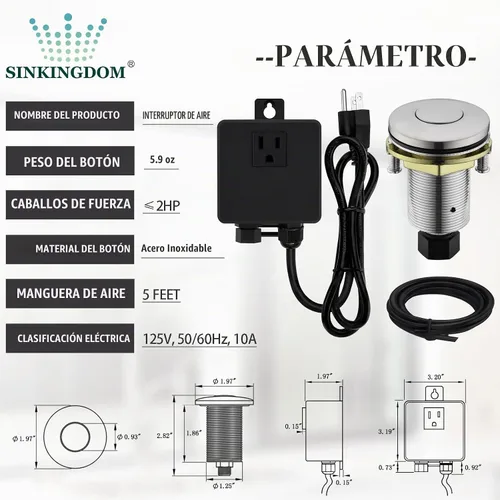 Vista 2 de Kit de interruptor de aire para triturador de basura con botón de acero inoxidable, níquel cepillado