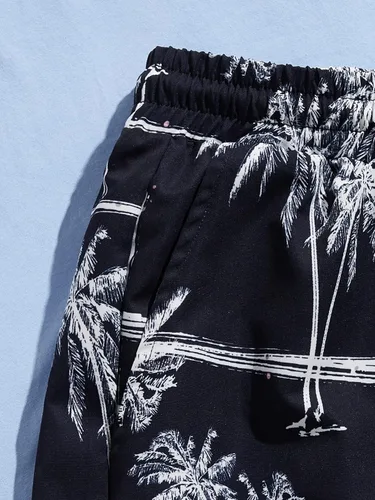 Vista 71 de GORGLITTER Conjunto de 2 piezas de camiseta gráfica de manga corta para hombre, estampado hawaiano con cordón y pantalones cortos