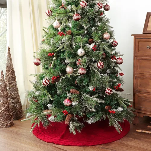 Vista 4 de Falda de árbol de Navidad de 36 pulgadas: falda de árbol de 6 pies, falda de árbol pequeño de punto trenzado color rojo vino, faldas de árbol