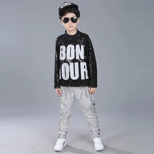 Vista 6 de LOLANTA Disfraz de baile para niños y niñas, ropa de hip hop con lentejuelas de los años 80 y 90, trajes brillantes de baile