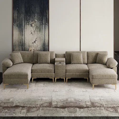 Vista 20 de OUYESSIR Sofá modular en forma de L, sofá de terciopelo de 3 plazas con otomana y almohadas, cómodo sofá cama tapizado para sala de estar, Verde
