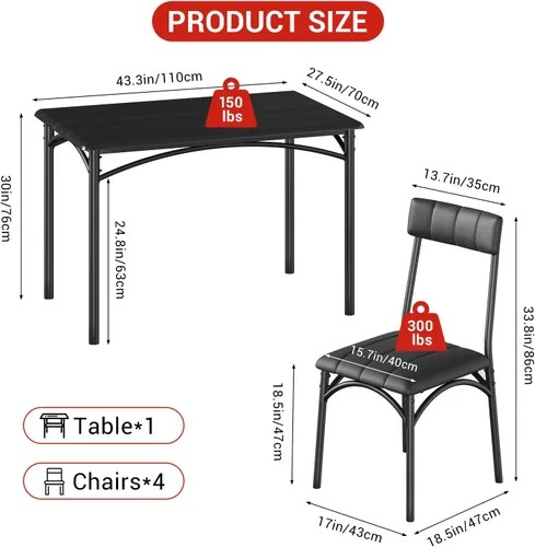 Vista 3 de Takywep Juego de mesa de comedor para 4 para espacios pequeños, mesa de cocina con 4 sillas tapizadas, marco moderno de madera y metal para Negro