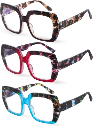 Vista 2 de Paquete de 3 lentes de lectura con bloqueo de luz azul para mujeres y hombres, anteojos de lectura de gran tamaño con bisagra de resorte, lectores
