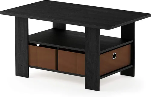 Vista 4 de Mesa de café Andrey de Furinno con cajón contenedor, color Americano/marrón medio, pequeño, tapa no elevable 2 cajones de contenedor, esquinas