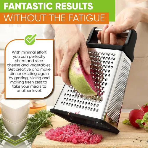 Vista 7 de Spring Chef Rallador Profesional de Queso - Acero Inoxidable, Tamaño XL, 4 Lados - Rallador de Caja Perfecto para Queso Parmesano, Verduras, Negro
