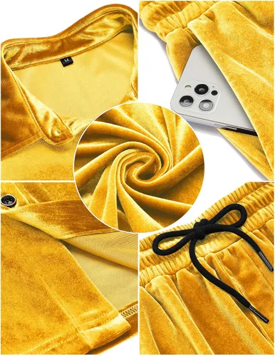 Vista 5 de LecGee Conjunto de pantalones cortos casuales de verano para hombre, camisa de terciopelo de manga corta con botones, pantalones cortos de cintura