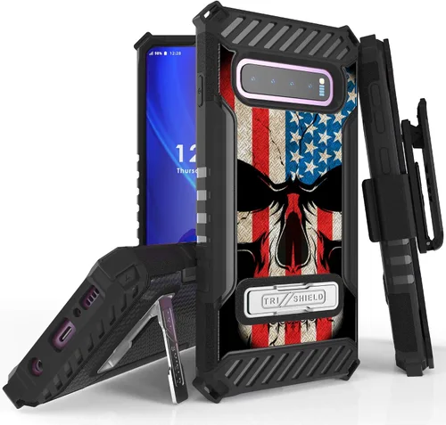 Vista 8 de Serie Trishield compatible con funda S10+, cubierta resistente de grado militar + [soporte de metal] + [funda de clip para cinturón] - Bandera