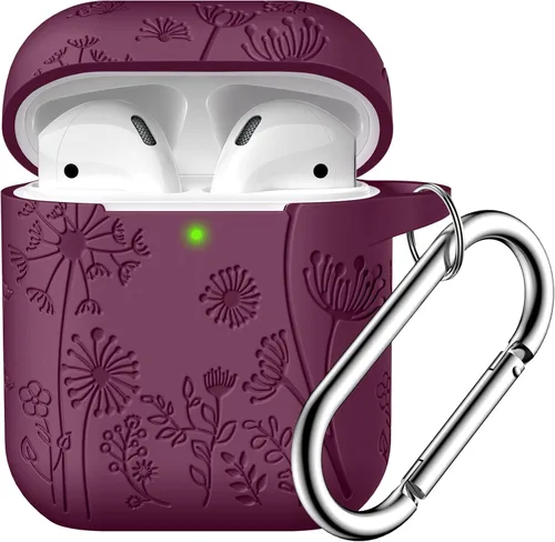 Vista 12 de Lerobo - Funda con grabado de flores para carcasa de AirPod, protector de silicona suave y elegante con llavero compatible con carcasa de carga