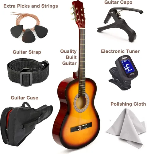 Vista 2 de Guitarra de madera para zurdos de 96,5 cm con estuche y accesorios para niños, niñas, adolescentes, principiantes (Sol)