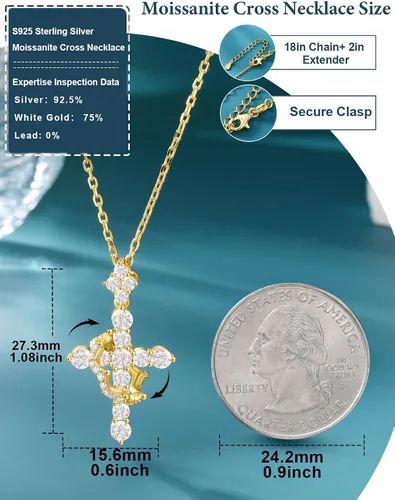 Vista 5 de YIMERAIRE Collar de Cruz Corona de Moissanita Mejorado Oro Vermeil de 14K 1.1 Quilates Delicado Helado Joyería de Cruz de Fe Cristiana Plata de Ley