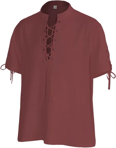 Vista 2 de Camisa de algodón y lino con cordones para hombre, camisa pirata, top de verano