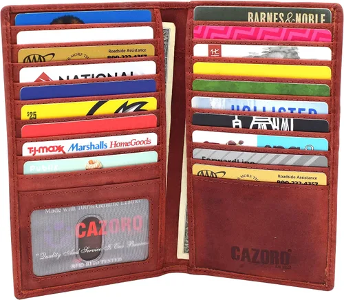 Vista 3 de Cartera larga de piel vintage con bloqueo RFID para tarjeta de crédito, Rojo -, Doble largo