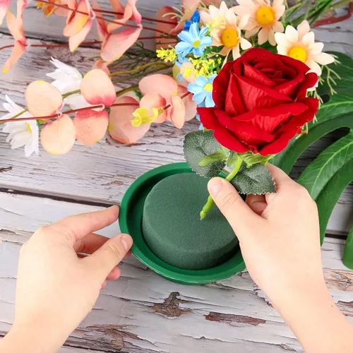 Vista 4 de Hahood Paquete de 8 rondas de espuma floral verde en cuencos, kit de arreglo floral para flores frescas y artificiales, 4.7 pulgadas de diámetro