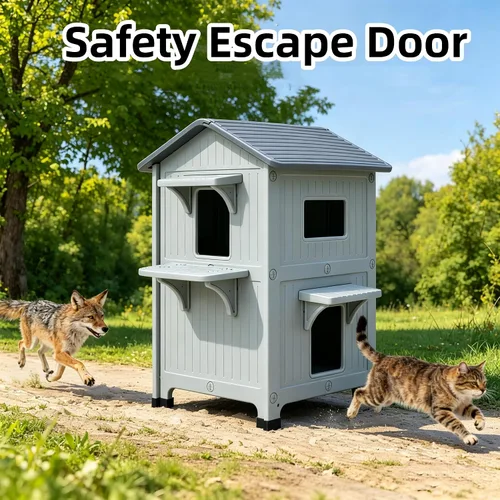 Vista 7 de Casa para gatos al aire libre, casas de 2 pisos al aire libre para gatos salvajes, refugio exterior de plástico, resistente a la intemperie