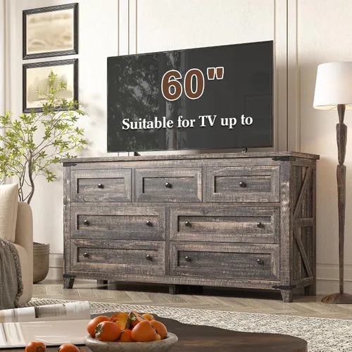 Vista 5 de EnHomee Cómoda de granja para dormitorio, mueble de TV de 51.2 pulgadas de Roble rústico oscuro
