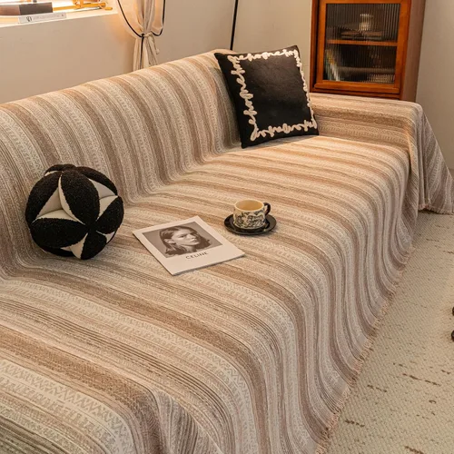 Vista 9 de HANDONTIME Chevron Pattern Couch Cover Vertical Striped Jacquard Sofa Cover Modern Minimalist, Khaki and White, Sofa Covers Washable, Pet Friendly