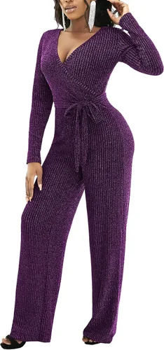 Vista 2 de LightlyKiss Women Casual V Neck Sparkly Jumpsuits Long Sleeve Onesie Loose Pants Party Clubwear with Belt