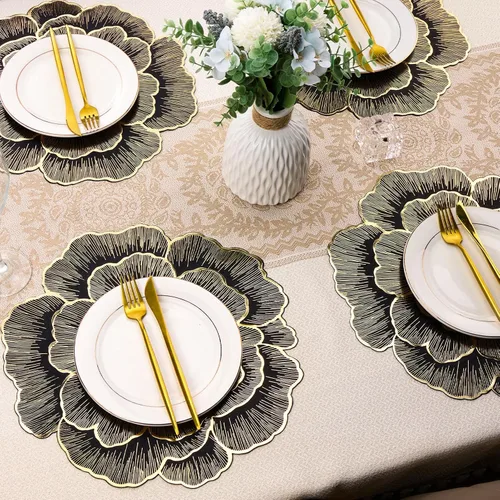 Vista 2 de Juego de 6 manteles individuales dorados con flores para mesa de comedor, manteles individuales redondos de vinilo prensado metálico de 15 pulgadas