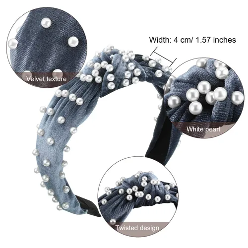 Vista 2 de WILLBOND Diadema anudada con perlas de terciopelo para mujer, accesorios para el cabello (beige, malva pálido, negro)