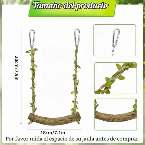 Vista 2 de Percha de madera natural para pájaros con hojas decorativas Verde