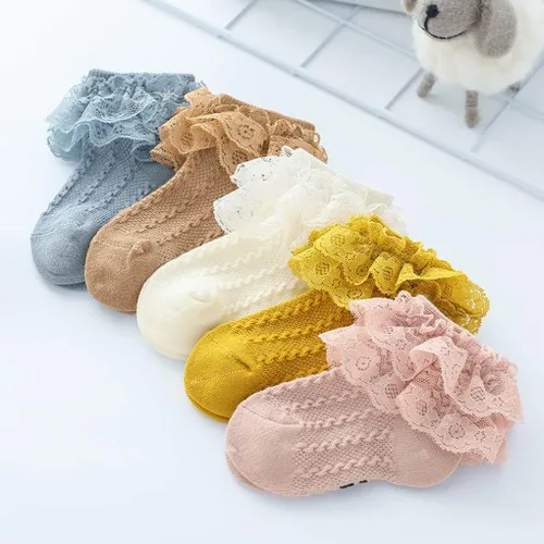 Vista 7 de Calcetines de princesa para recién nacidos, con volantes de encaje, para niñas pequeñas