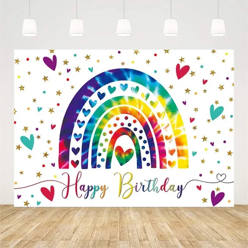 Vista 2 de AIBIIN Fondo de fiesta de cumpleaños de arcoíris bohemio de 7 x 5 pies para niña, feliz primer cumpleaños, fondo de fotografía, colorido amor