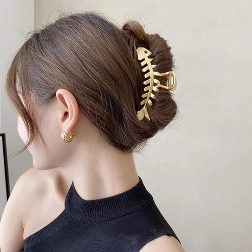 Vista 5 de REDANHA 3 pinzas de metal con forma de hueso de pescado dorado y plateado para cabello grueso y fino, accesorios para el cabello para mujeres y niñas