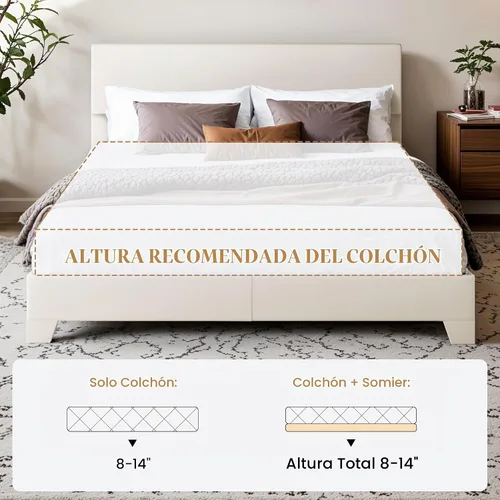 Vista 7 de SHA CERLIN Base de cama tamaño completo con cabecera ajustable, plataforma tapizada de piel sintética con listones de madera, base de colchón Blanco