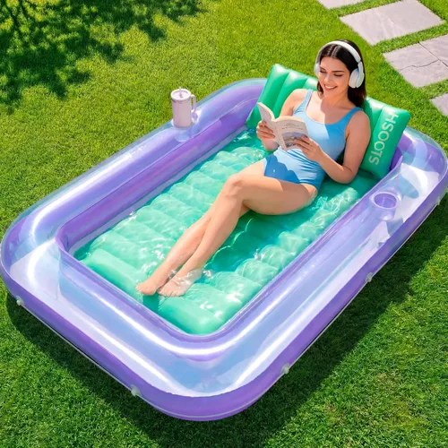 Vista 14 de SLOOSH Flotador inflable, camastro para adultos, con almohada, 178 x 117 cm, 4 en 1: balsa-tina bronceadora, camastro para tomar el sol, fiestas Azul