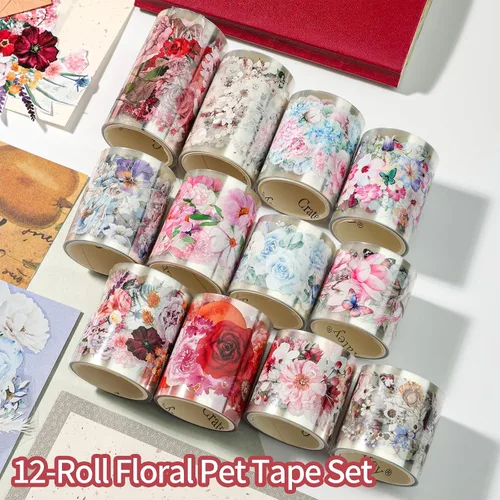 Vista 2 de Juego de 12 Rollos de Cinta Washi Floral de PET y Pegatinas de PET – Fácil de Usar para Journaling y Elaboración de Tarjetas, Ideal