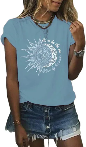 Vista 2 de MaQiYa - Camisetas gráficas de verano para mujer, manga corta, algodón con estampado de sol y luna.