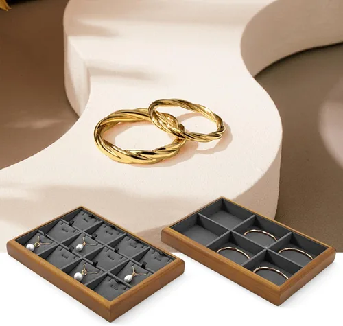 Vista 2 de Oirlv Bandeja Organizadora de Joyas Colgante de Madera Maciza de 12 Rejillas con Forro para Cajón de Joyas (Gris)