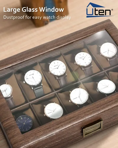 Vista 3 de Uten Caja de reloj con 10 ranuras, organizador de caja de reloj con tapa de vidrio real, caja de almacenamiento de cuero sintético de grano