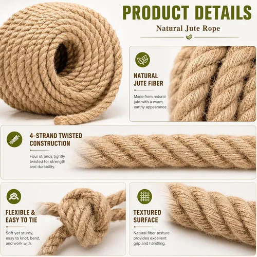 Vista 3 de Cuerda de yute natural gruesa de cáñamo (1/2 pulgada x 50 pies), cuerda de yute fuerte para manualidades, jardinería, hamaca para decoración