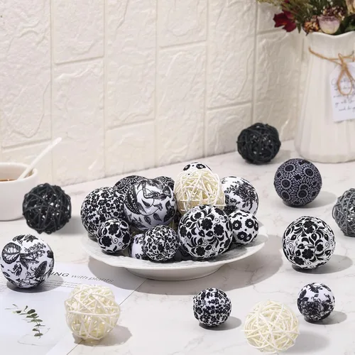 Vista 4 de Halloscume 36 bolas decorativas de tela para cuencos de centro de mesa, 2.4 pulgadas, mimbre de ratán de 1.57 pulgadas, esferas de decoración, bolas