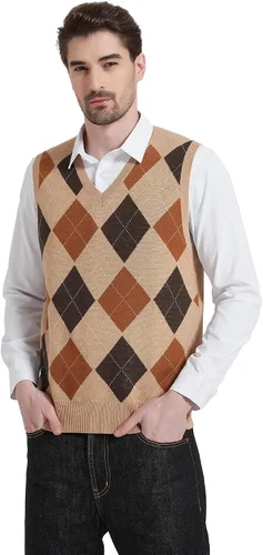 Vista 8 de Kallspin Suéter tipo chaleco con rombos para hombre, mezcla de lana, cuello en V, sin mangas