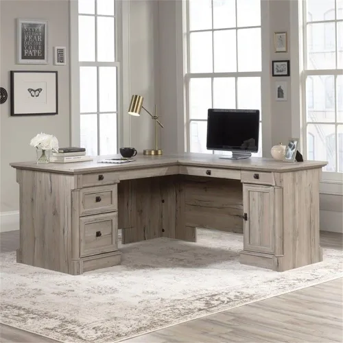 Vista 2 de Pemberly Row Escritorio contemporáneo en forma de L de madera de diseño contemporáneo de 65 x 69 pulgadas con almacenamiento, cajones, panel Roble