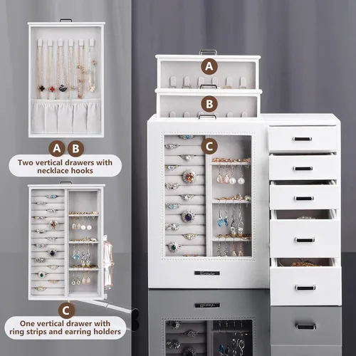 Vista 3 de Homde Joyero grande con ventana de cristal, cajones para collares, aretes, anillos, pulseras, relojes, regalo para mujeres y niñas
