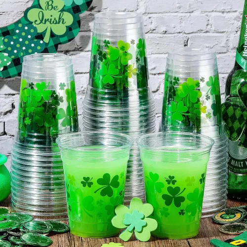 Vista 4 de 100 tazas de plástico transparente desechables de 12 onzas para el Día de San Patricio, vasos de plástico transparente desechables para días