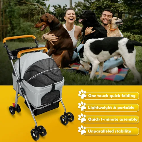 Vista 4 de Carriola de mascotas con canasta de almacenamiento y portavasos, cochecito plegable para perros, carriola plegable para gatos, carrito 3 en 1
