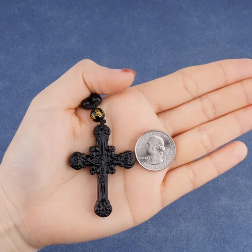 Vista 7 de VIKCAUX Collar de obsidiana negra con dije de protección de amuleto de talismán con cadena de cuentas ajustable, collares de piedra de cristal