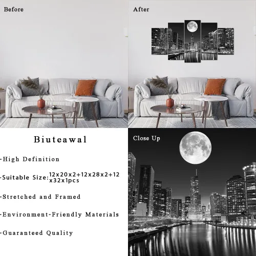 Vista 6 de Biuteawal Arte de pared de 5 paneles de paisaje urbano en la noche de la luna, pintura moderna de ciudad en blanco y negro para el hogar, oficina