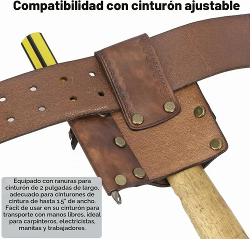 Vista 5 de TOURBON Funda de cuero para herramientas con soporte para martillo, cinta métrica y lápiz para cinturón de herramientas (Marrón Vintage)