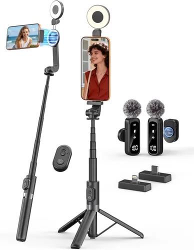 Vista 10 de USKEYVISION Palo de Selfie Magnético con Trípode, Luz y Control Remoto, Trípode para Teléfono con Soporte Magnético para Magsafe, Soporte Giratorio