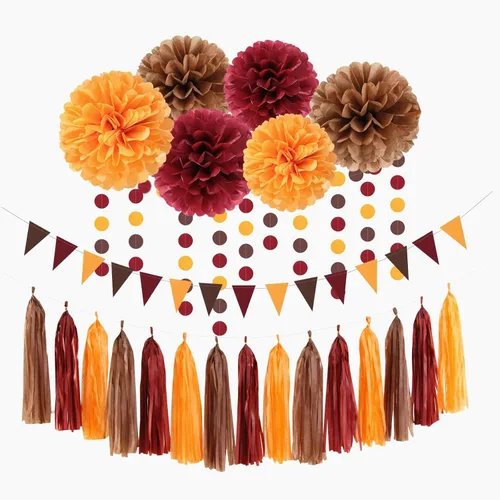 Vista 11 de Decoraciones de Fiesta de Halloween Negro-Morado Naranja Verde - 30 piezas Pompones de Papel Tissue, Serpentinas, Guirnalda de Borlas, Pancarta