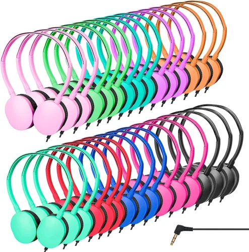 Vista 10 de Paquete de 10 audífonos para niños, para escuela, aula, estudiantes, niños, adolescentes y adultos (colores mixtos) Wholesale Wired On Ear