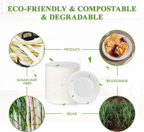 Vista 5 de Vplus Platos de papel pequeños 100% compostables, paquete de 300 platos de papel desechables de 6 pulgadas, biodegradables sin recubrimiento, hechos