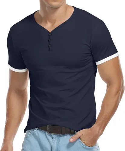 Vista 3 de KUYIGO Henleys - Camiseta de manga corta para hombre, con botones, lisa, de verano, de algodón