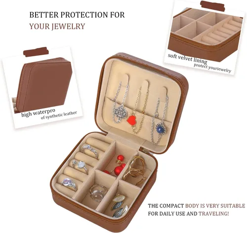 Vista 4 de KElofoN Organizador de joyas de viaje, joyero de viaje, caja organizadora de joyas pequeña para niñas y mujeres (1, marrón)