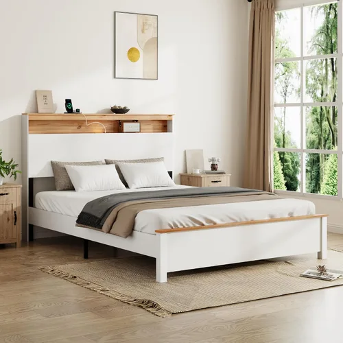 Vista 3 de Base de cama de madera de tamaño matrimonial, cama de plataforma de madera de pino maciza de color blanco con cabecero, 450 libras, resistente,